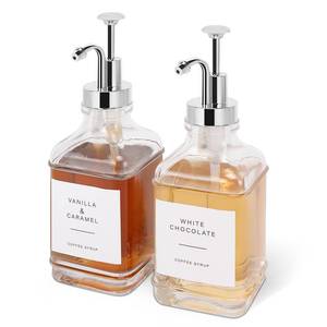 lot 49023 image: BathAce Coffee Syrup Dispenser for Coffee Bar, Clear Glass Syrup Bottles with Pump, Refillable Maple Syrup Storage, Coffee Station Accessories and Organizer, 500ml, Set of 2 (Chrome Finish) - Retail $16
