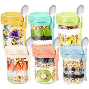 lot 49024 image: DRKIO 6 Pack Overnight Oats Containers with Lids and Spoons 16 Oz Glass Mason Jars for Overnight Oats Leak Proof Oatmeal Container Great for Cereal Fruit Vegetable Milk Salad Yogurt Meal Prep - Retail $18