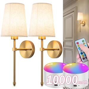 lot 49041 image: Battery Operated Wall Sconce Set Of Two with Remote Control, Indoor Not Hardwired Dimmable Battery Operated Wall Sconce Light Fixture with Fabric Linen Shade For Bedroom Living Room, Bulb Included ( C - Retail $60