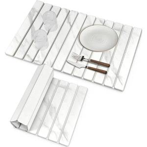 lot 49044 image: Large Stone Dish Drying Mats for Kitchen Counter, 28(L)x16(W) Marble-Pattern, Fast Drying Collapsible Dish Drying Mat, Eco-Friendly Absorbent Diatomaceous Earth Mats for Match Countertop - Retail $46