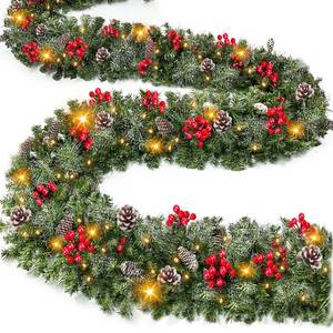 lot 49056 image:  Timer & 8 Modes  9 Ft by 10 Inch 50 LED Prelit Christmas Garland Decorations Warm White Lights Thick 270 Snowy Tips 70 Red Berry 10 Pinecone Xmas Decor Garland Indoor - Retail $33