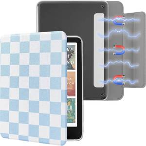 lot 51780 image: SESENSE Detachable Magnetic Case for 7 Kindle Paperwhite 12th Gen 2024 and Kindle Colorsoft Signature Edition, Slim PU Shell Cover Case with Auto WakeSleep, Blue and White Checkerboard - Retail $20