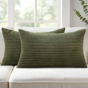 lot 51828 image: Mecatny Corduroy Decorative Throw Pillow Covers 12x20 Set of 2 for Sofa Living Room, Soft Neutral Boho Couch Pillow Covers for Home Decor, Olive Green - Retail $13
