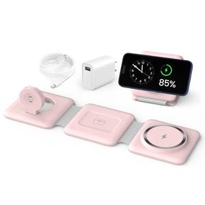 lot 51850 image: Charging Station for Apple Multiple Devices 3 in 1 Foldable Magnetic Wireless Charger Stand - Travel Charging Dock Compatible with iPhone 16 15 14 13 12 Pro Max Plus Apple Watch AirPods - Retail $32