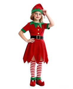 lot 51851 image: Simplecc Christmas Elf Costume for Kids Girls Costume Xmas Festive Elf Dress Outfit with Elf Hat Shoes Stockings (3-4 Year) - Retail $29