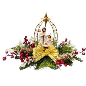 lot 59010 image: Lnymura Lighted Christmas Nativity Scene Decoration Nativity Figurines Scene for Xmas with Timer Gold Arch Snow Flocked Pine Needles Red Berries and Golden Bow for Christmas Table Decor Holiday Decor - Retail $28