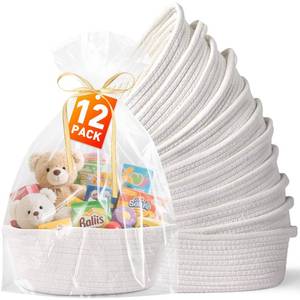lot 59014 image: 12 Pack Small Woven Basket with Gift Bags and Ribbons,Woven Gift Baskets Empty, White Woven Rope Baby Gift Empty Baskets for Gifts and Storage - Retail $46