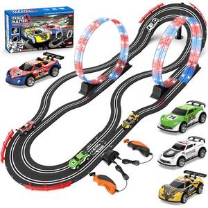 lot 59015 image: 2-in-1 Slot Car Race Track Set with 4 High-Speed Cars, Electric Track, Dual Racing Game with 2 Controllers, Circular Overpass Design Featuring Flash Tracks. Toy Gift for Boys Kids Ages 4-6 6-8 8-12 - Retail $55