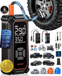 lot 59038 image: OlarHike Cordless Tire Inflator Portable Air Compressor, Dual Power Mode - 9000 mAh & 12V DC, Air Pump for Car Tires, Motorcycle, Bicycle, Electric Pump with LED Light & Digital Pressure Gauge - Retail $39