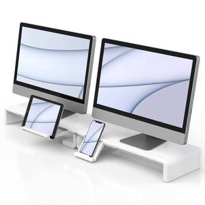 lot 59047 image: Monitor Stand Riser, Klearlook Foldable Computer Monitor Riser, Height Adjustable Computer Stand, Desk Shelf Riser with Storage Drawer & Tablet Phone Stand for Computer, Desktop, Laptop (White 2 Pack) - Retail $58