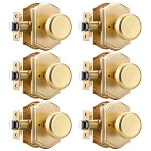 lot 59051 image: STARPY 6 Pack Pismo Doorknobs for Bath & Bedroom, Gold Interior Door Knobs with Camelot Trim, Satin Brass Door Knob with Lock - Retail $100