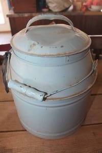 lot 3483 image: Antique Blue Metal Milk Jug