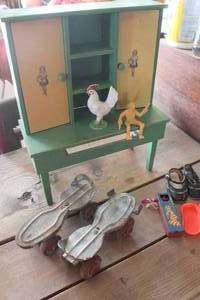 lot 3508 image: Vtg. Childs Little Wood Cabinet and More