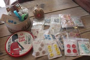 lot 3528 image: Tin wVtg. Buttons, Pin Cushion & More