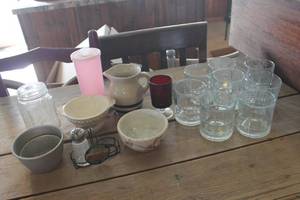 lot 3551 image: Vtg. Crock Pitcher, Glasses & More