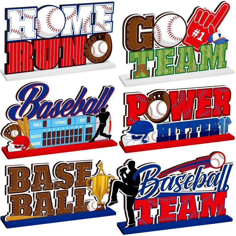 lot 34500 image: 6 Pcs Baseball Birthday Party Decorations Baseball Wooden Table Decorations Sports Themed Party Decoration for Sport Birthday Gameday Celebrations Decor Favors - Retail $13