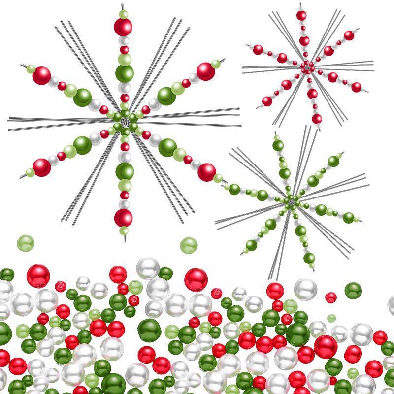 lot 34511 image: 24 Pcs Christmas Snowflakes Wire Forms Metal Snowflake Christmas Beads Wire for DIY Jewelry Ribbon Charms with 3 Sizes Mixed Pearl Beads Xmas Ornament Kits(Red, Green, White) - Retail $10