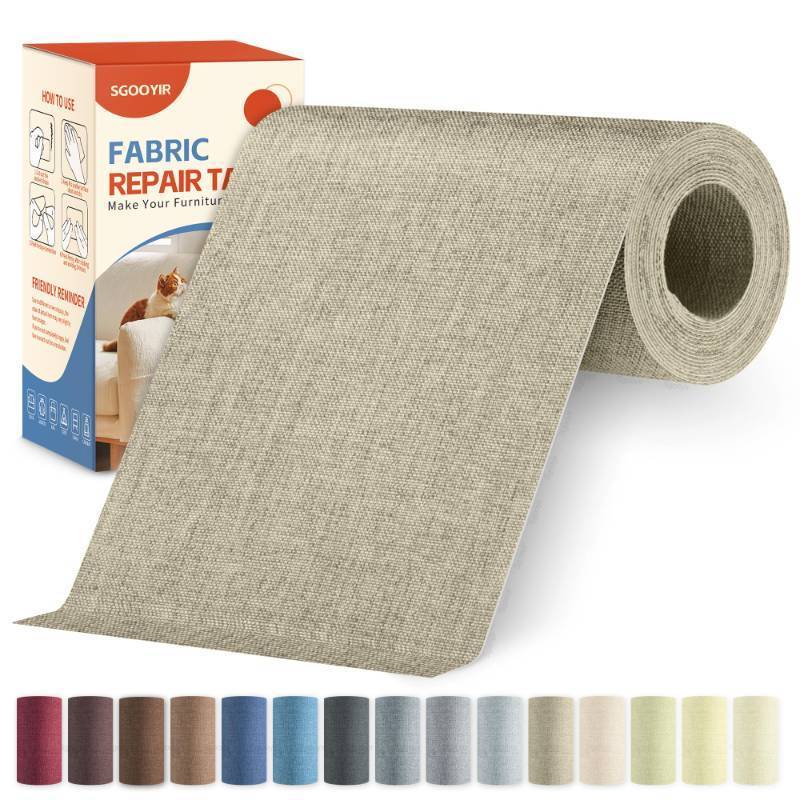 lot 34544 image: Linen Fabric Repair Tape Kit, 4 x 80 Self-Adhesive Couch Patch Repair Fabric Patches for Furniture, Clothes, Upholstery, Carpets, Chairs, Sofas, Pillows Dark Beige - Retail $10