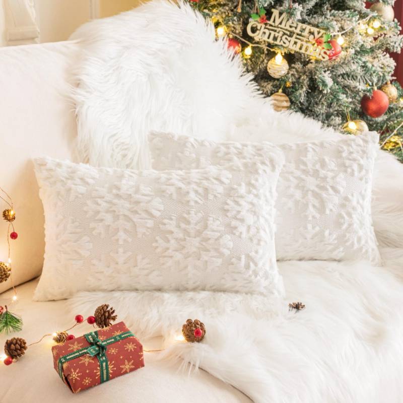 lot 71646 image: Set of 2 Christmas White Snowflake Throw Pillow Covers 12x20 Inch, Soft Faux Fur White Decorative Xmas Throw Pillows for Couch Sofa Holiday Winter Decor