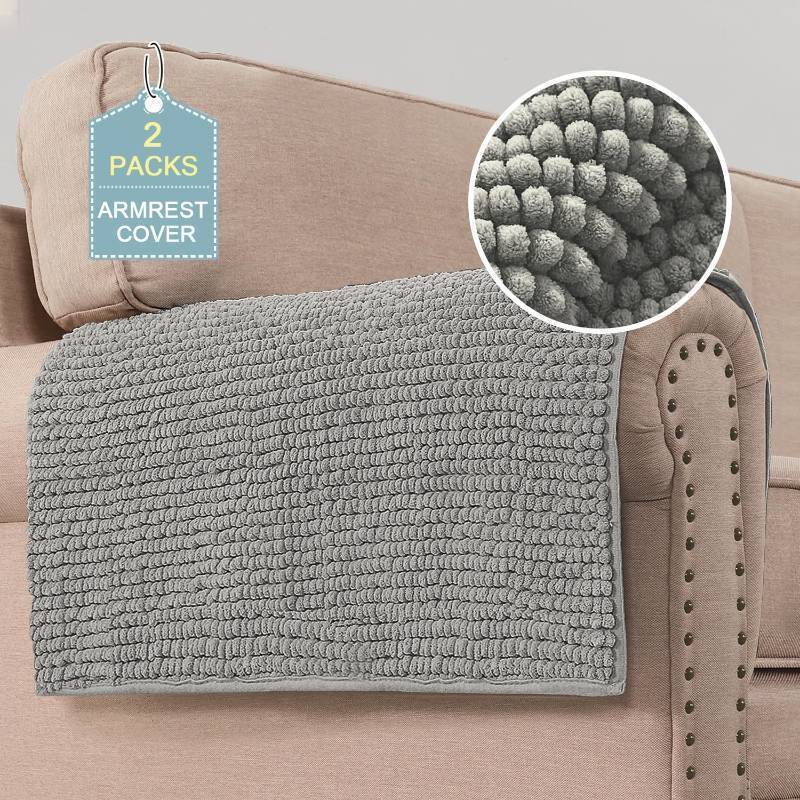 lot 71665 image: Plush Chenille Couch Armrest Cover 2 Packs Thick and Soft Sofa Covers Furniture Protector Cover for Pets (27.5 x 27.5, Dove) - Retail $33