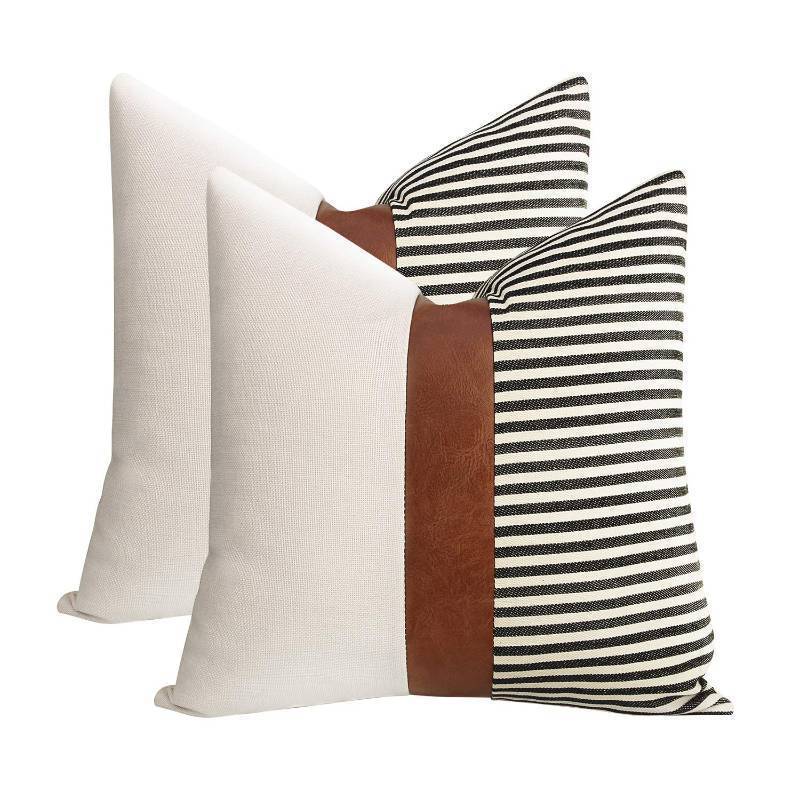 lot 71675 image: Set of 2 Farmhouse Decor Striped Patchwork Linen Throw Pillow Covers, Modern Brown Faux Leather Accent Pillow Covers 18x18 inch, Black - Retail $19