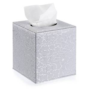 lot 72251 image: Square Leather Tissue Box Cover - Stylish Cube Tissue Box Holder with Magnetic Bottom, Decorative PU Tissue Box for Vanity Dresser Night Stand Table Countertop Home Office Car, Silver - Retail $16