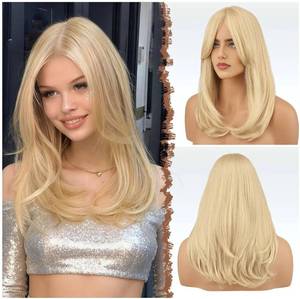 lot 72257 image: Blonde Wigs with Bangs - Long Layered Straight Light Blonde Natural Looking Synthetic Hair Wig for Women Daily Party Use, 18 inch - Retail $26