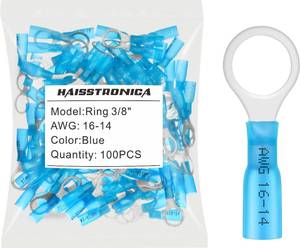 lot 72277 image: 100pcs 38 Blue Marine Grade Heat Shrink Ring Connectors,16-14 Gauge Tinned Red Copper 0.7mm Ring Terminals Connectors, Brazed-Seam Insulated Electrical Crimp Wire Terminals - Retail $10