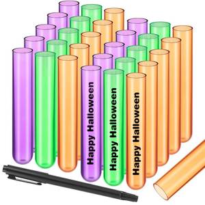 lot 72290 image: 30 Pcs Halloween Plastic Test Tubes Set Green Purple Orange Plastic Shot Tubes for Liquor Candy 16 x 100 mm 13 ml with Black Marker Without Lids for Party Supplies Experiments