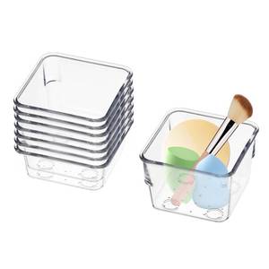 lot 72291 image: 8 PCS Stackable Clear Drawer Organizers 3 x 3 x 2 Square Trays Small Makeup Vanity Storage Bins Clear Desk Drawer Organization Container Dividers for Office Bathroom Kitchen Utensil - Retail $13