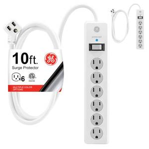 lot 72295 image: GE Surge Protector Power Strip, 10 Ft Extension Cord, 6 Outlet Extender, 800 Joules, Flat Plug, Twist-to-Close Safety Covers, ETL Listed. - Retail $10