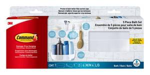 lot 72298 image: Command Bathroom Accessories, 5 Piece Bathroom Organizer Set - 1 Shower Caddy, 1 Soap Dish, 1 Toothbrush Holder, 2 Hooks with Water Resistant Strips - Retail $23