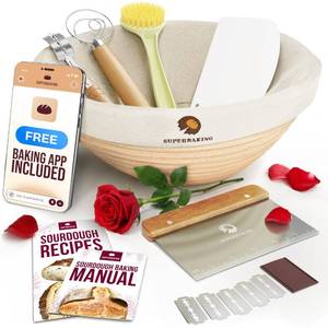 lot 72302 image: Superbaking Banneton Bread Proofing Basket, Sourdough Bread Baking Supplies, Round 9 Inch Sourdough Starter Kit, Proofing Basket for Baking, Bread Making Supplies Tools, Banneton Basket Gift Set - Retail $28