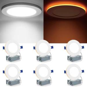 lot 72310 image: 6 Pack 4 Inch 5CCT LED Recessed Lighting with Night Light, 2700K3000K3500K4000K5000K Selectable Ultra-Thin LED Recessed Ceiling Lights, 9W75W, 750LM, Dimmable Canless Wafer Downlight - Retail $39