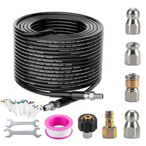 lot 72314 image: Sewer Jetter Kit for Pressure Washer 50FT Drain Cleaner Hose 14 Inch NPT Corner, Rotating and Button Nose Sewer Jetting Nozzle Kit Waterproof Tape Pearl Corsage Pin and Spanners 5800PSI - Retail $30