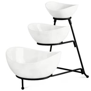 3 Tier Serving Stand with 3 Oval Porcelain Serving Bowl Set with Collapsible Thicker Sturdier Metal Rack (Black) - Retail: $30