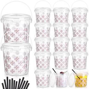 lot 72334 image: 16 Set 32 oz Baseball Plastic Drink Buckets with Handles Lids and Straws Reusable Ice Cocktail Rum Buckets 1 Liter Large Smoothie Milk Tea Cups Pails Sport Party Favors Supplies - Retail $23