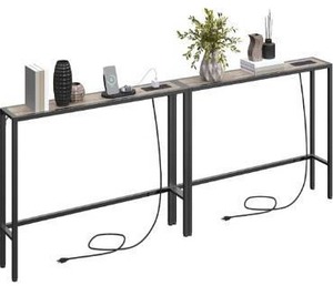 2 Pack Narrow Console Sofa Table with Charging Station, Skinny Behind Couch Table, 39.4\" L x 5.9\" W x 31.5\" H, Long Entryway Tables for Living Room, Hallway, Foyer, Greige CTHG968E01S2
