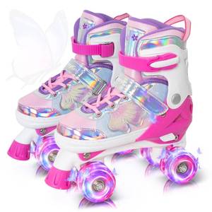 lot 1141 image: MammyGol Kids Roller Skates for Girls or Boys, 4 Size Adjustable Roller Skates for Big Kids with Beautiful Butterflies, Beginner Youth Light up Roller Quad Skates Indoor Outdoor (Pink)