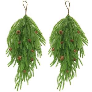 lot 1152 image: CCPanda 2 Pcs Artificial Christmas Teardrop Swag with Pine Cones, 28 Faux Pine Needles Teardrop Door Swag, Christmas Norfolk Greenery for Xmas Holiday Door Table Mantle Fireplace Indoor Outdoor Decor