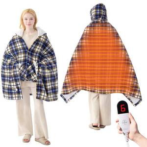 lot 1177 image: PTQ Electric Blanket Wearable Heated Shawl with Hood & Pockets �� 6 Heat Levels, 4H Auto-Off, Reversible Flannel & Sherpa, Cozy Plaid Heated Throw for Home, Couch, or Gift, 40x70, Navy Beige