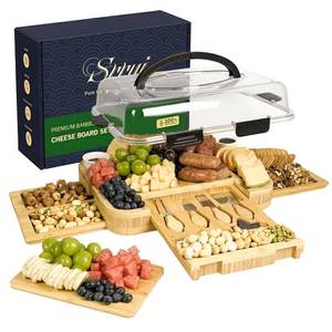 lot 1181 image: Charcuterie Board with Lid Gift Set - Cheese Bamboo Tray with Utensils, 2 Sauce Bowls,Fruit Tray and Food-Grade Seal Included - Portable with Handle for Travel, Parties, Kitchen Gifts for Women