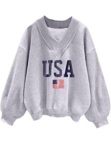 lot 1185 image: Hilinker Womens Oversized Graphic Sweatshirts V Neck Pullover Cute Drop Shoulder Long Sleeve Tops Grey USA Large