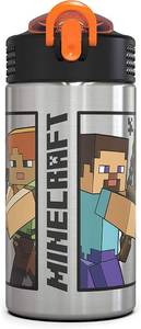 lot 2266 image: Zak Designs Minecraft - Stainless Steel Water Bottle with One Hand Operation Action Lid and Built-in Carrying Loop, Kids Water Bottle with Straw Spout is Perfect for Kids (15.5 oz, 188, BPA Free)