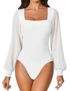 lot 2276 image: Avidlove White Bodysuit Women Mesh Square Neck Long Sleeve Sexy Thong Bodysuits Going Out Top 2025