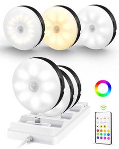 lot 2299 image: EZVALO Under Cabinet Lighting with Charging Station,1000mAh Rechargeable Puck Lights with Remote, 3 Color Temps & 12 RGB Closet Lights, Dimmable Motion Sensor Lights for Shelf, Kitchen (6 Packs)