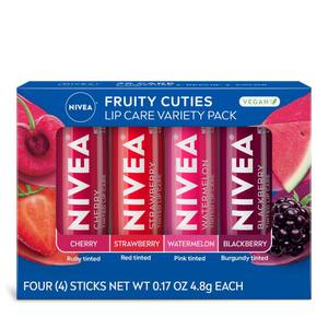 lot 2310 image: NIVEA Lip Care, Fruity Tinted Lip Balm Variety Pack, Cherry, Strawberry, Blackberry and Watermelon Flavors, 3-in-1 Moisture, Repair and Color, 0.17 Oz Stick, Pack of 4