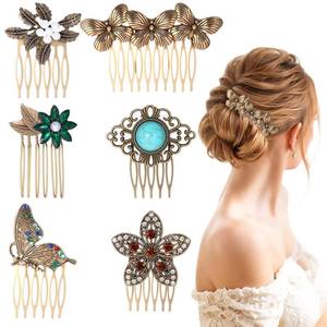 lot 2316 image: 6pcs Vintage gold Hair Side Combs Butterfly Flower Leaf Pearl Rhinestone Tooth Clip Gold French Twist Hair Slide Comb with Teeth Grip for Decorative Crystal Bridal Christmas Wedding Party Christmas