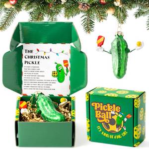 lot 2325 image: Haooryx Christmas Pickleball Pickle Glass Ornament - Funny Pickleballer Ornament Boxed Gift Set Green Glass Christmas Pickle Pendant for Xmas Tree House Tradition Decor New Year Holiday Party Favor