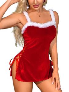 lot 2338 image: Kaei&Shi Sexy Santa Costume,Lace-Up Side Slit Babydoll & G-String,Christmas Holiday Lingerie Women Red Medium